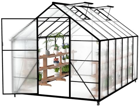 Froadp Invernadero de aluminio con base 380x250x205cm Invernaderos de jardín 4mm Placas de cámara de aire de PC resistentes a la intemperie, invernadero para tomates con ventanas Invernadero para