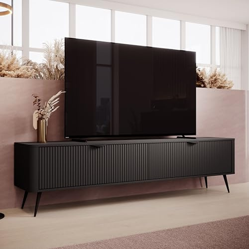 AXLIVING Moderner TV Lowboard Schwarz Matt Vespasia 200 2D – 200 cm Breite für Wohnzimmer