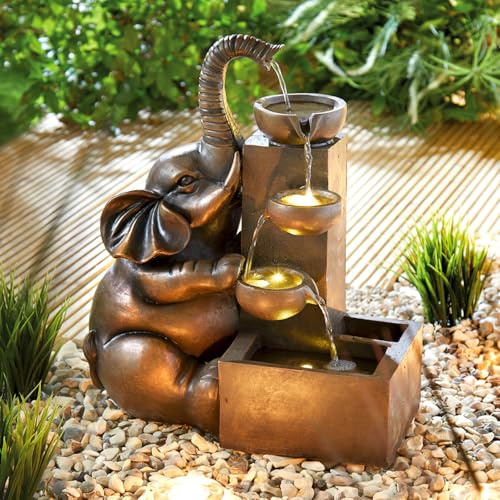 3 PAGEN® Solar-Brunnen Elefant für draußen – Wasserfall, stimmungsvoll beleuchtet – einfache Anwendung – wetterfest und robust – solarbetrieben ideal für Garten und Balkon