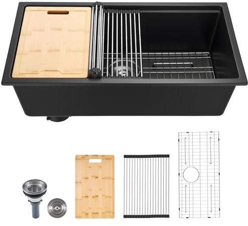 VEVOR Évier de Cuisine Moderne en Granit de 83,8 cm, Évier sous Plan à Large Cuve Simple, Bac à Laver avec Accessoires Multiples, Nettoyage Facile, pour Camping-car, Maison, Bar, Restaurant, Noir