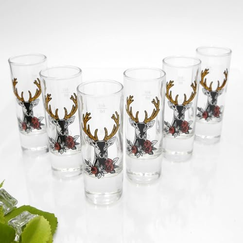 Set di 6 bicchieri da liquore – Design testa di cervo – 6,5 cl con 2 cl & 4 cl tratto taratura – Scelta varietà pura o colorata – Idea regalo per feste e amici, uomini e donne, cervo rosa GTK27.30.44