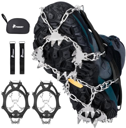 PTEROMY Crampons for Hiking Boots with 24 Stainless Steel Spikes, Ice Cleats for Shoes and Boots (L, Black)