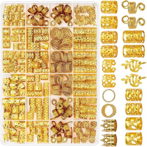 Wefaly 220 Stück Haarschmuck Gold für Zöpfe, Goldener Haarschmuck für Dreadlocks Dreadlocks Schmuck Klipsen Loc Schmuck für Haar Verstellbar Haarperlen Zum für Männer Frauen Mädchen und Jungen Zöpfe