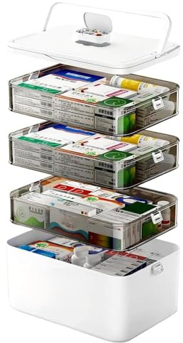 Förvaringsbox för medicin, 4 våningar, uppdelad, första hjälpen förvaringslåda med handtag, transparent plast, medicinorganisatörslåda för skåp, stor kapacitet