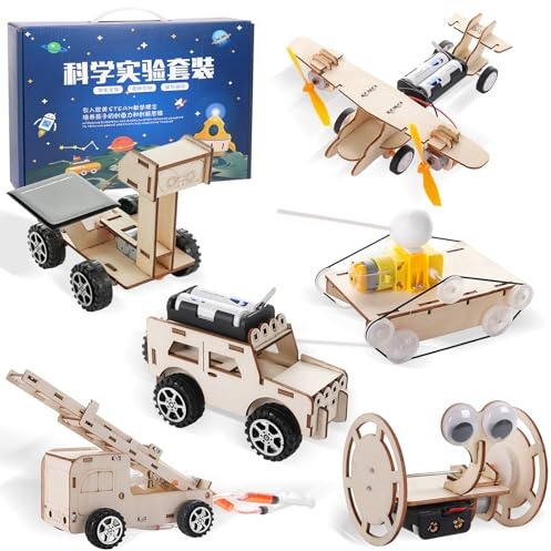 6 piezas de set de experimentos, kit de electrónica, kit de experimentos, kit de electrónica 6-en-1 de madera STEM experimentos ciencia conjunto de madera coches aviones vehículos espaciales regalo