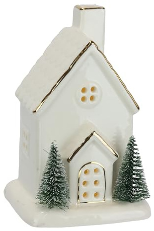 LED Porzellan Weihnachtshaus batteriebetrieben weiß Gold 15cm Tannenbaum Weihnachtsdeko beleuchtet Christmas Village Haus Winterdeko Keramik Miniatur Häuschen Tischdeko Advent