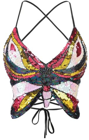 TCNGKIJIUK Haut Court Papillon à Paillettes pour Femme Haut de Crop Top Scintillant Soutien-Gorge de Danse Costume de Gilet sans Manche Costume de Danse du Ventre pour Spectacle Festival Soirée Fête