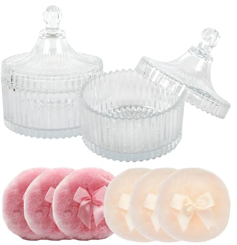 Juego de botes de cristal con borla de polvo, estuche para polvos corporales, talco, o caja de cristal para caramelos, chocolates, galletas, como regalo de cumpleaños, Navidad, fiesta, boda