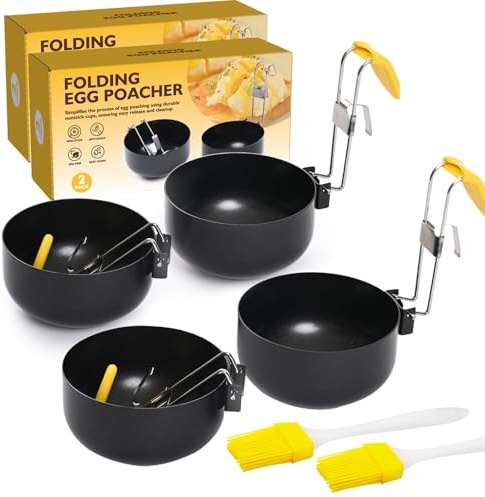 Egg Poacher, Folding Poached Egg Maker Egg Cooker with Brush, Egg Ring Collapsible Hang Egg Boiler, Kitchen Gadgets Non-stick Egg Poacher for Perfect Boiled Eggs for Kitchen Tool (4 Pcs)