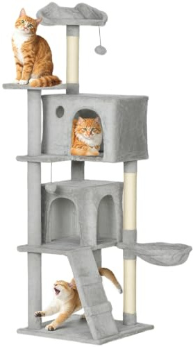 PawHut Kratzbaum mit 2 Höhlen Korb für 1-3 Katzen 160 cm hoch Hellgrau | Katzenbaum, Hängematte, 2 Bällen, Katzenbett mit Katzenmuster, Katzenkratzbaum mit Sisal-Stämmen, Plüsch, unter 5 kg
