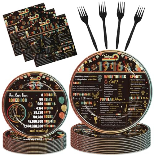 Hokinaa Vintage 80th Birthday Decorations - 96 Pcs Retro Sunset Party Paper Plates and Napkins Forks Tableware Disposable Happy Cheers to 80 Year Old 1946 Decor Supplies for Men Women Serves 24 Guests