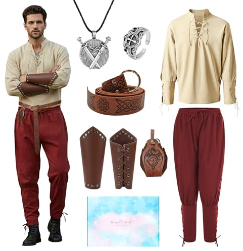 Costume Medieval Homme, Costume Renaissance avec Chemise Pantalon de Pirate | Cadeaux pour Adultes, Deguisement Viking Médiéval Chevalier pour Halloween, Carneval, Cosplay et Roleplay