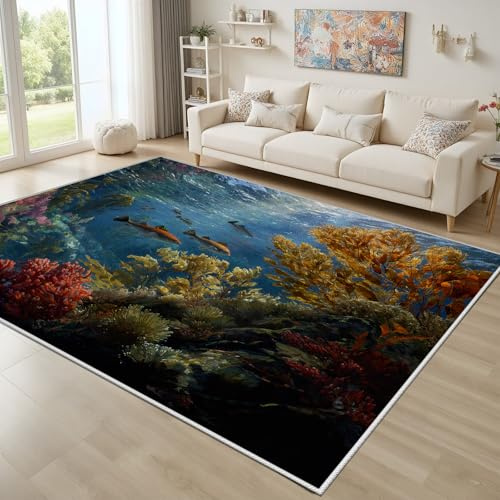 Dyjuaa Underwater World Rugs Living Room 120x170 cmOcean fish Area Rugs Bedroom Anti Slip Machine Washable, Colorful Coral Carpet for Kitchen, Dining Room, Office