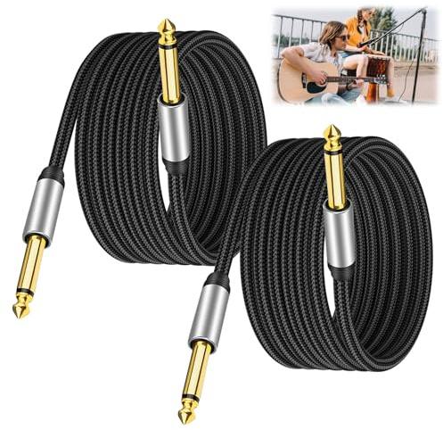 2 Pack of Guitar Cables 5M 6.35mm to 6.35mm 1/4 Inch Braided Lead Jack Cord TS Instrument Cables Guitars Amp Cable for Electric Guitars Bass Electric Mandolin Keyboard Audio Speaker Amplifier Black