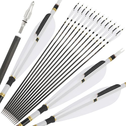 limaity 31-Zoll-Jagdpfeile aus reinem Carbon mit 5-Zoll-Naturfedern, 250/300/350/400/500/600 Zielpfeile für Compound-, Recurve- und traditionelle Bögen (6 StüCk, Spine 400)