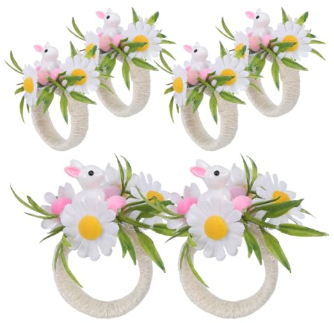 GALPADA 6Pcs Easter Napkin Rings - Handmade Bunny Napkin Holders with Flowers for Easter Decorations - Rustic Jute Rope Serviette Holders for Spring Table Decor