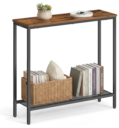 VASAGLE Mesa de Consola, Mesa de Recibidor, Tablero de Una Sola Pieza, Montaje Fácil, para Pasillo, Dormitorio, Salón, 2 Estantes, 24 x 80 x 81,2 cm, Marrón Rústico y Negro Tinta LNT036KD01