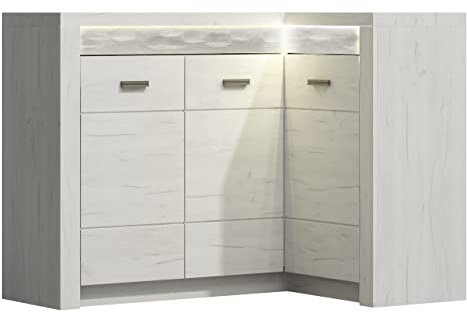 Mirjan24 Eckkommode Indiano I-15K, Kommode, Mehrzweckschrank Anrichte Diele Flur Esszimmer (Kraft Weiss, mit warmweißer LED-Beleuchtung)