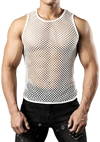 JOGAL Men's Mesh Fishnet Fitted Muscle Top Medium White UK-WG01