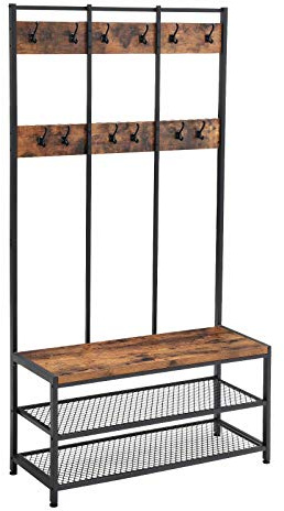 VASAGLE Großer Kleiderständer, Eingangsmöbel mit 12 Haken und Schuhbank, industrieller Stil, Garderobe, Regal, für Büro, Schlafzimmer, Stahlrahmen, rustikales Braun und Schwarz HSR86BX