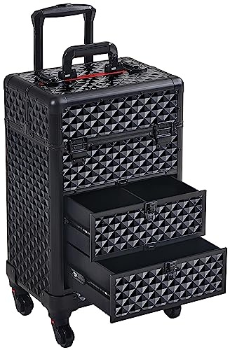 Yaheetech Rolling Makeup Train Case with Drawers Professional Nail Tech Travel Case Cosmetics Storage Organizer Beauty/Nail Art/Hair Styling Travelling Cart Trunk Black, Black, 1 Count (Pack of 1