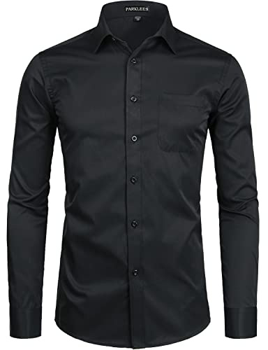 PARKLEES Men's Long Sleeve Dress Shirt Solid Slim Fit Casual Business Formal Button Up Shirts with Pocket Black S
