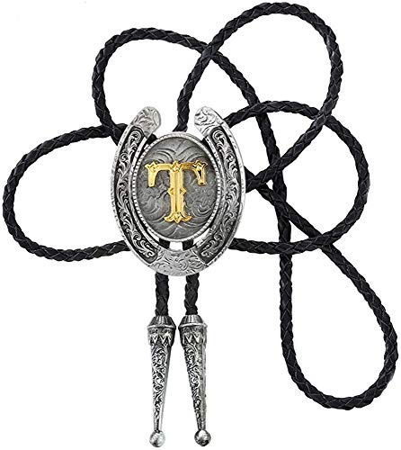 STARBRILLIANT Fashion Cowboy Western Tie Gold Initial A to Z Cowboy Bolo Tie with Silver Grey Horseshoe Pattern Edging (T)