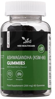 Ved Ashwagandha (KSM-66) Gummibärchen, Premium-Rohstoff, original indische Schlafbeere, vegan für Männer und Frauen, 60 Kautabletten für 30 Tage Vorrat.