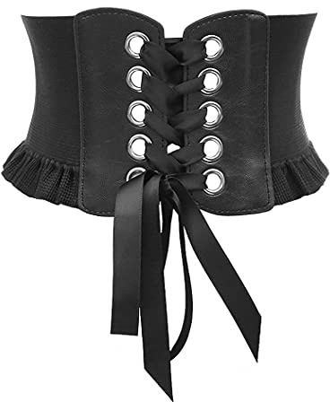 Borsgye Damen Leder Elastisches Band Retro Gebundenes Korsett Schnürkorsett Breites Taille Gürtel Bandage Elastizität Gurt Kostüm Kleid Taillengürtel –Schwarz Saum Spitze
