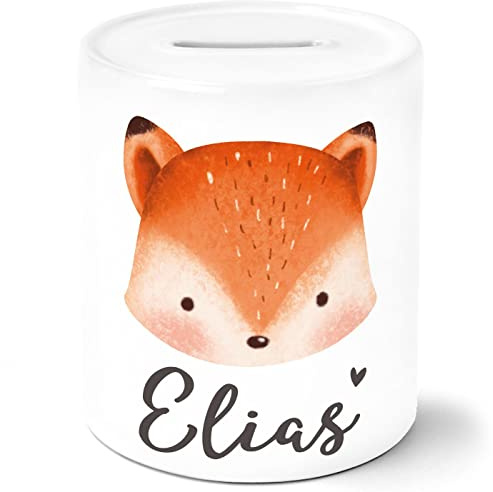 SpecialMe® Kinder Spardose mit Namen Bär Fuchs Einhorn Tiermotive personaliserte Geschenke Sparschwein Keramik Fuchs weiß Spardose