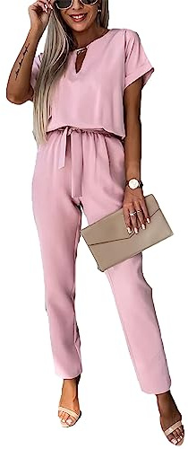 amropi Jumpsuit Damen Elegant Kurzarm Playsuit V-Ausschnitt Casual Lose Overalls Lang Romper Rosa,S