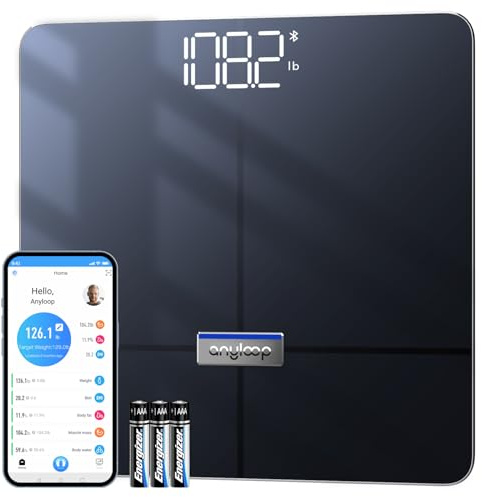 Anyloop Körperfettwaage, Personenwaage Digital mit APP 180 kg/400 lbs, Bluetooth Waage Personen für Körperfett, BMI, Gewicht, Pulsschlag, Muskelmasse, Wasser, Protein, Knochengewicht, BMR Dunkelblau
