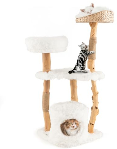 COSTWAY 124cm Árbol Rascador para Gatos de Madera Maciza, Torre Rascador para Gatos con Postes de Sisal, Condominio, Plataformas, Centro de Actividades de Múltiples Niveles para Gatos, Blanco (124cm)