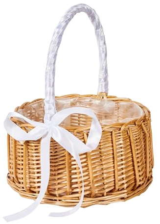 ADEPTNA Wicker Rattan Flower Basket with Handle - Wedding Flower Girl Handmade with Bow - Woven Eggs Candy Basket for Wedding Party, Easter, Christmas Home Decoration (LARGE - 24cm diameter)