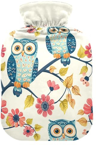 Wärmflasche mit süßem Eulen-Blumenmuster, weich, warm, für Winterbett, Hand, Hals und Schultern, 1 l