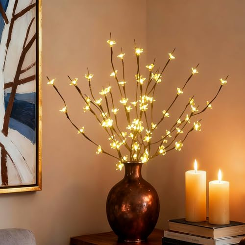 AMARS 3 Pack LED Lighted Tree Branches Lights with Cherry Blossoms Flowers Decoration, USB Plug in Powered, 60 LEDs Room Decor Night Lights, Decorative Sticks for Vase Bedroom Home Christmas Party
