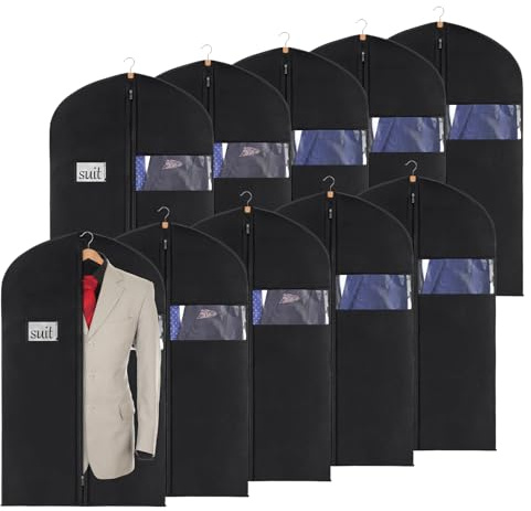 KEEGH Kleidersack für Die Aufbewahrung 10 Stück, Anzug Schutzhülle-100cm,Kleidersack Anzug Schwarz 60x100cm Vliesstoff für Anzüge Kleider Hemden Abendkleider kleiderhüllen