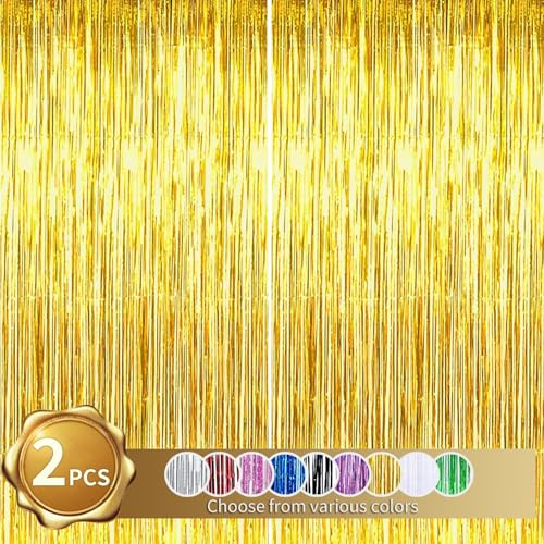 RIBBOOO 2-Pack Goldene Lametta Vorhang Glitter Metallic Tinsel Vorhang für Party, Abschlussfeier, Foto Hintergrund, Folie Streamer, Geburtstagsdeko，Dekoration für Disco, Weihnachtsfeier (1x2 Meter)