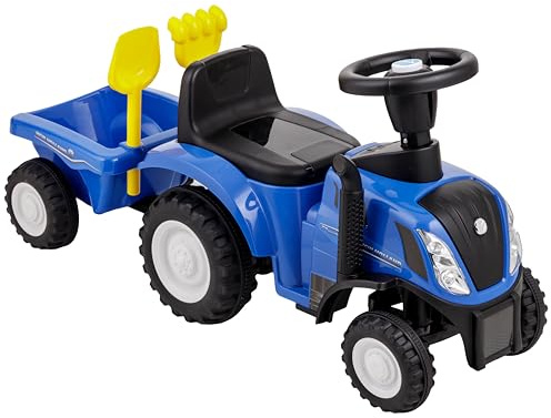 Baroni Toys Trattore Ride-On con Rimorchio per Bambini dai 12 a 36 mesi, Trattore con Clacson ad Aria, Volante Sterzante, Suoni e Fari Funzionanti, Paletta e Rastrello Inclusi, 29x91x44 cm, Blu