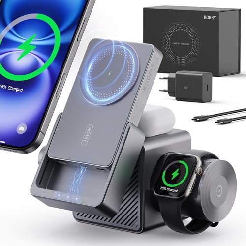 RORRY 4 in 1 Wireless Charging Station Cube with 10000mAh Power Bank, 15W Fast Charger Stand Compatible with MagSafe for iPhone 16/15/14 & Apple Watch & AirPods (45W USB C Charger Adapter Included)