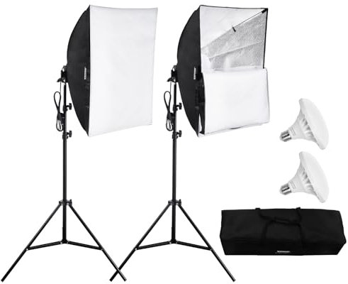 VEVOR Kit Éclairage Softbox Professionnel, Lot de 2, 60x60 cm, Ampoule LED 30W, 5500K Proche Lumière Jour, Support Trépied Réglable, pour Studio, Photographie, Enregistrement Vidéo, Diffusion Direct