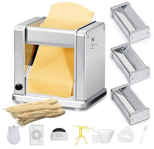 Electric Pasta Maker,60W Automatic Pasta Machine Roller and Cutter with 3 Blades,7 Adjustable Thickness Settings, Stainless Steel Pasta Machine Noodle Maker for Spaghetti, Fettuccine, Lasagna