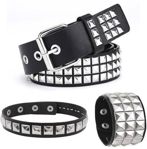 FeiOne 3-teiliges Set Punk Accessoires: Punk Nietengürtel Damen and Herren, Nietenarmband, Halsband, Grunge Accessoires, Y2K Gürtel, Emo Clothes, Punk Rock Gothic Gürtel