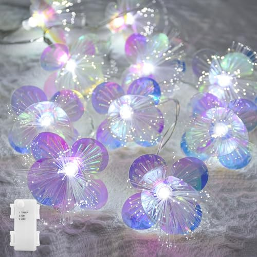 YOLIGHT Glasfaser-Blumen-Lichterkette, batteriebetrieben mit Timer-Fernbedienung, LED-Blumengirlande, Feuerwerk-Lichterkette für Schlafzimmer, Hochzeit, Weihnachten, Ostern, Cottage-Dekor (Weiß, 2 m)