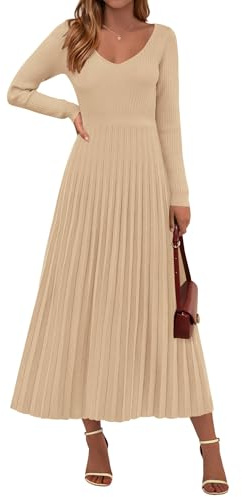 PRETTYGARDEN Women Sweater Dress Fall Fashion 2026 Long Sleeve V Neck Ribbed Knit Pleated A Line Elegant Maxi Winter Dresses (Beige,Small)