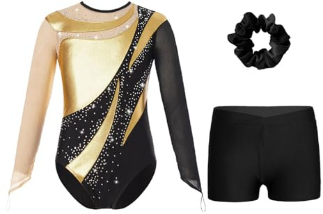 Sinleey Gymnastikdräkt för flickor med shorts dans konståkning kostym show outfit för 5 till 16 år, Guld, 170