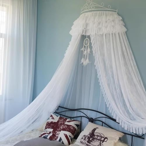 Zanzariera per Letto a baldacchino, zanzariera per Letto, baldacchino per Letto da Principessa con Corona in Metallo, zanzariera a Cupola Rotonda in Pizzo, Tende a Rete (Bianco, Letto da 1,5