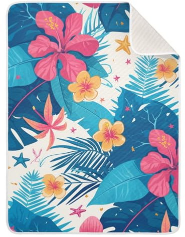 Amooorous Manta para cochecito de bebé, diseño de hojas tropicales, flores de hibisco rojo, estrellas de mar, estilo hawaiano, cobija acogedora para bebés, para invierno, para guardería, cuna, 30 x 40