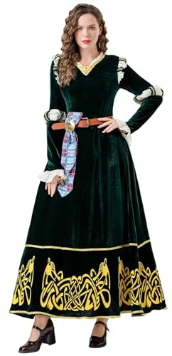 Vhersily Tapferes Prinzessinnenkleid für Damen, Merida Cosplay-Kleid, Grün, Mittelalterliches Halloween-Kostüm, Sommerabend, Cocktailkleid, Club-Kleid, modisch