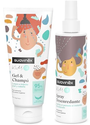 Suavinex, Förpackning med 250 ml rengöringsspray + gel - schampo 200 ml för pojkar och flickor i åldrarna 3 till 10 år. För daglig skötsel, Smoothie doft, 95% ingredienser naturligt ursprung, lämplig